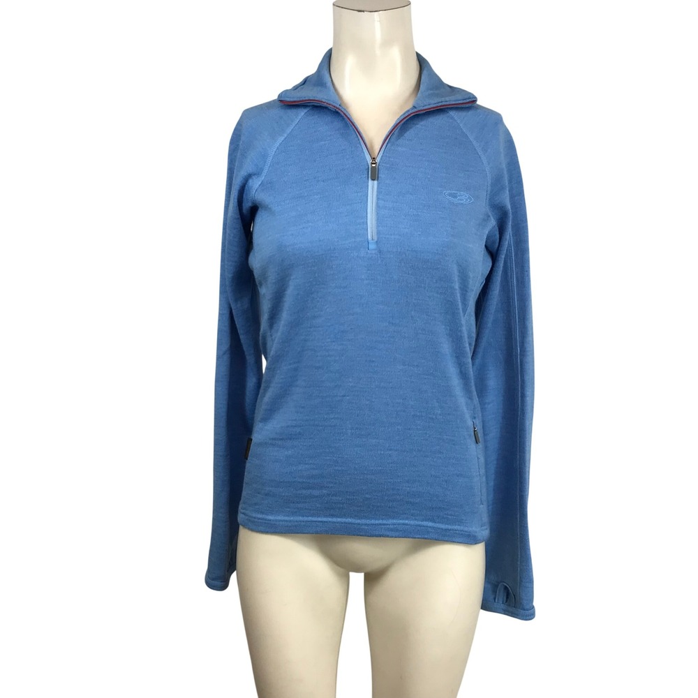 Icebreaker Sport 320 Blue 100% Merino Wool Quarter Zip Pullover WXS Thumbholes
